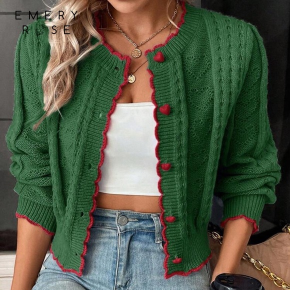 SHEIN Sweaters - Green Cardigan Sweater with Red Trim